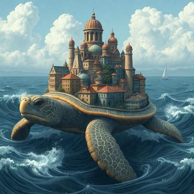 Primary subject: A large turtle with a castle on its back.

Setting/background: The turtle is floating on a body of water, with a castle in the background.

Visual style: The image is a painting, featuring a unique and imaginative scene.

Colors and mood: The painting has a vibrant and lively atmosphere, with the turtle and castle being the main focus.